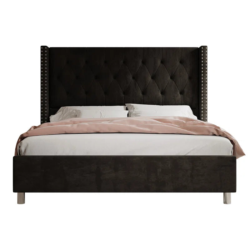 Occoquan Upholstered Wingback Bed with Tufted Linen and Adjustable Headboard OUCH CART