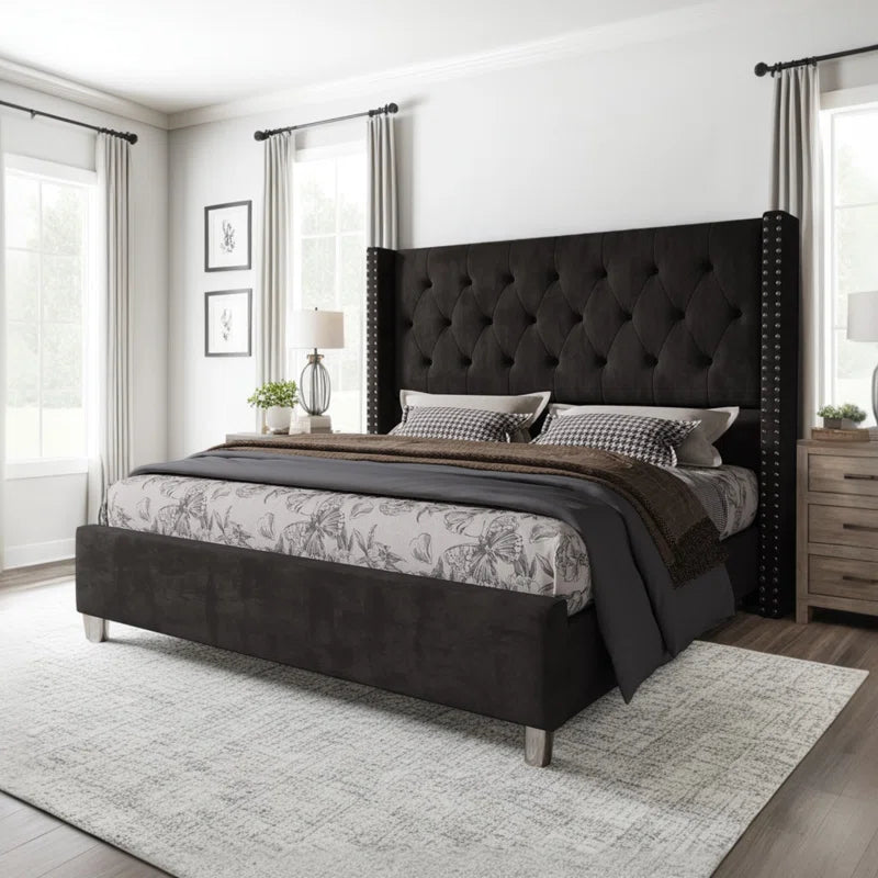 Occoquan Upholstered Wingback Bed with Tufted Linen and Adjustable Headboard