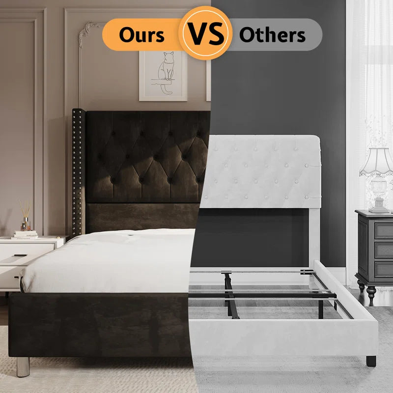 Occoquan Upholstered Wingback Bed with Tufted Linen and Adjustable Headboard OUCH CART