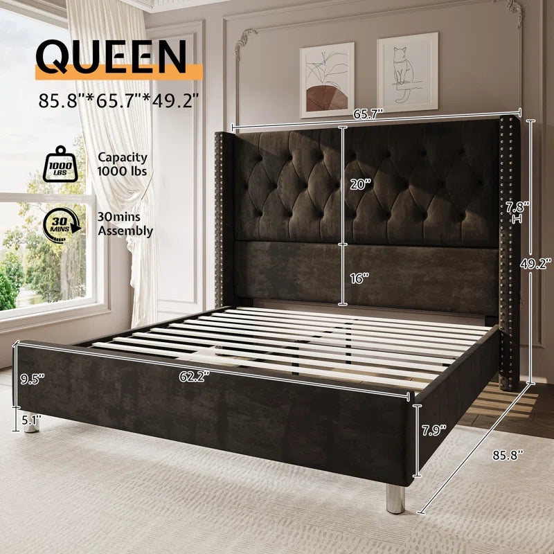 Occoquan Upholstered Wingback Bed with Tufted Linen and Adjustable Headboard OUCH CART