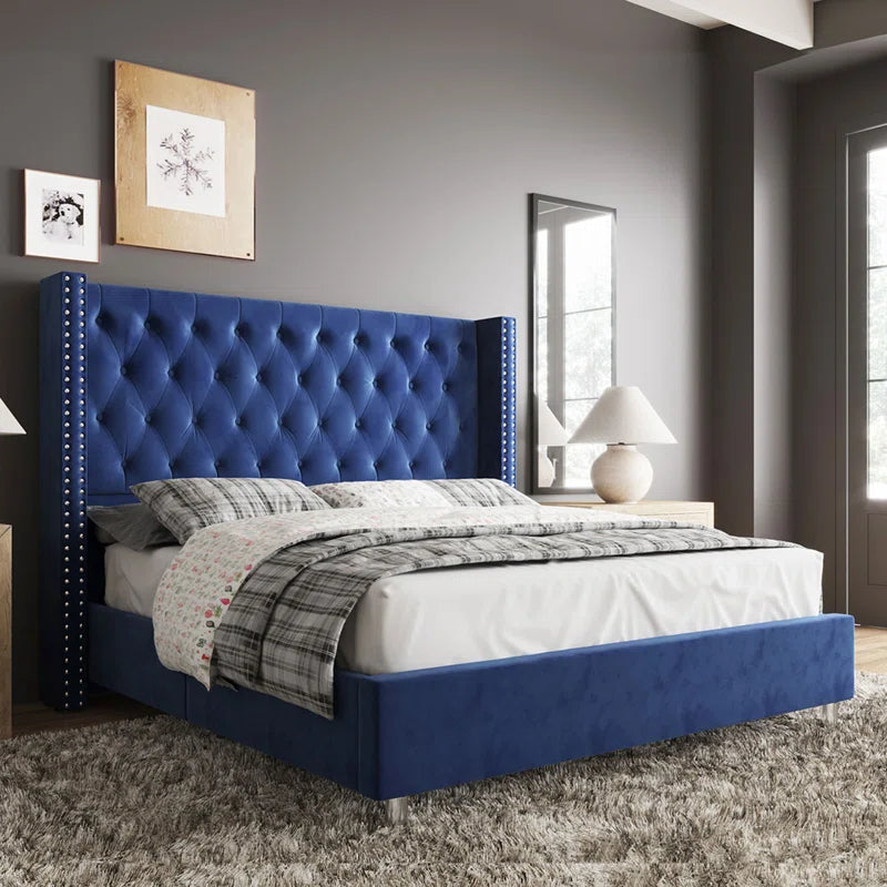 Occoquan Upholstered Wingback Bed with Tufted Linen and Adjustable Headboard