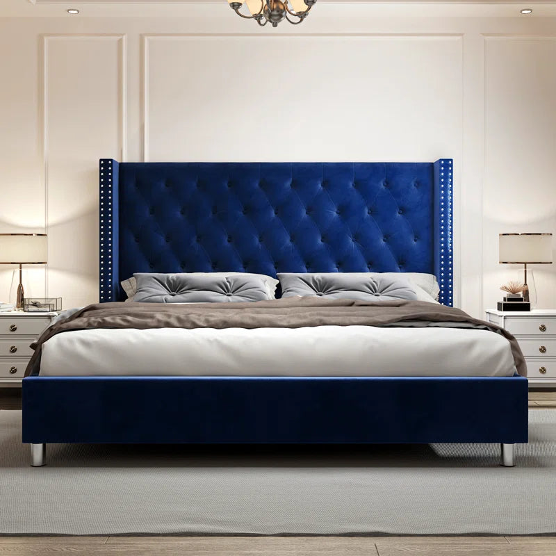 Occoquan Upholstered Wingback Bed with Tufted Linen and Adjustable Headboard