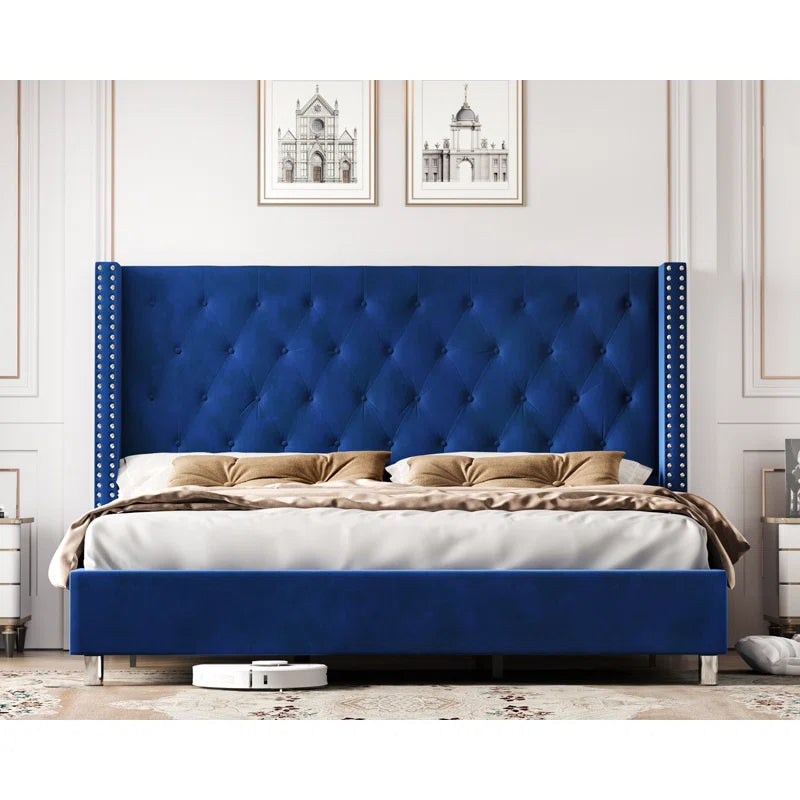 Occoquan Upholstered Wingback Bed with Tufted Linen and Adjustable Headboard