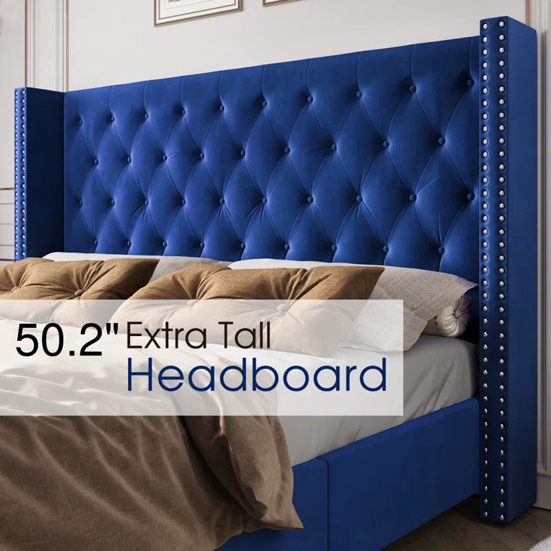 Occoquan Upholstered Wingback Bed with Tufted Linen and Adjustable Headboard