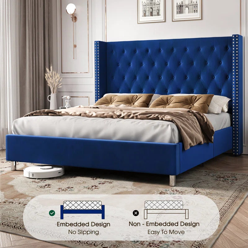 Occoquan Upholstered Wingback Bed with Tufted Linen and Adjustable Headboard OUCH CART