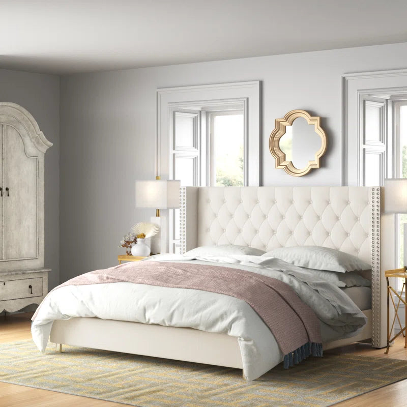 Occoquan Upholstered Wingback Bed with Tufted Linen and Adjustable Headboard
