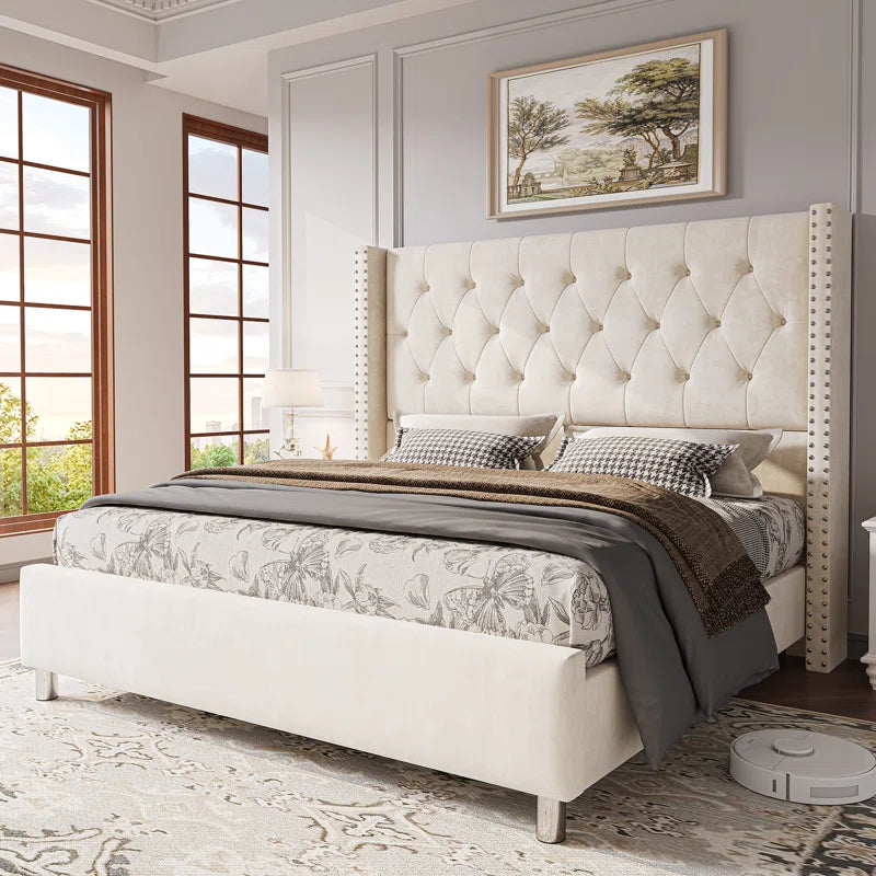 Occoquan Upholstered Wingback Bed with Tufted Linen and Adjustable Headboard