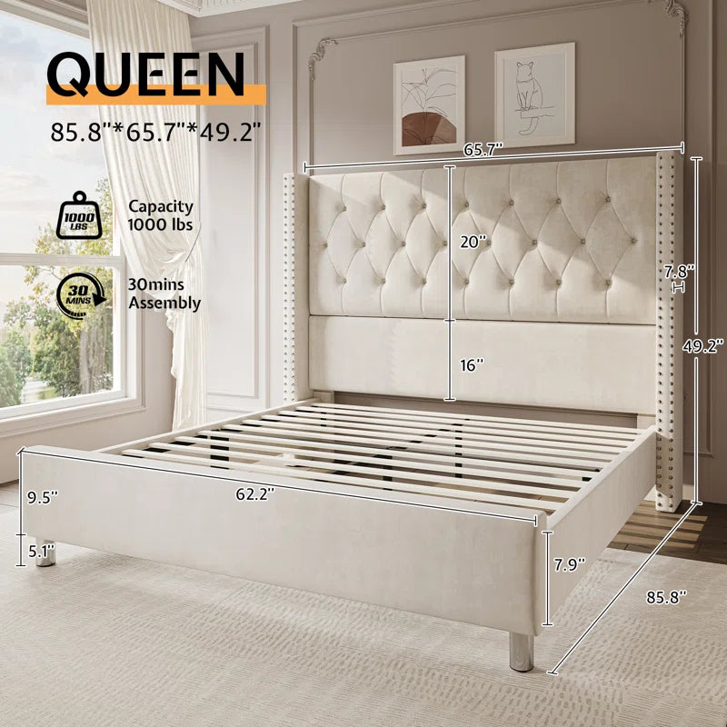 Occoquan Upholstered Wingback Bed with Tufted Linen and Adjustable Headboard