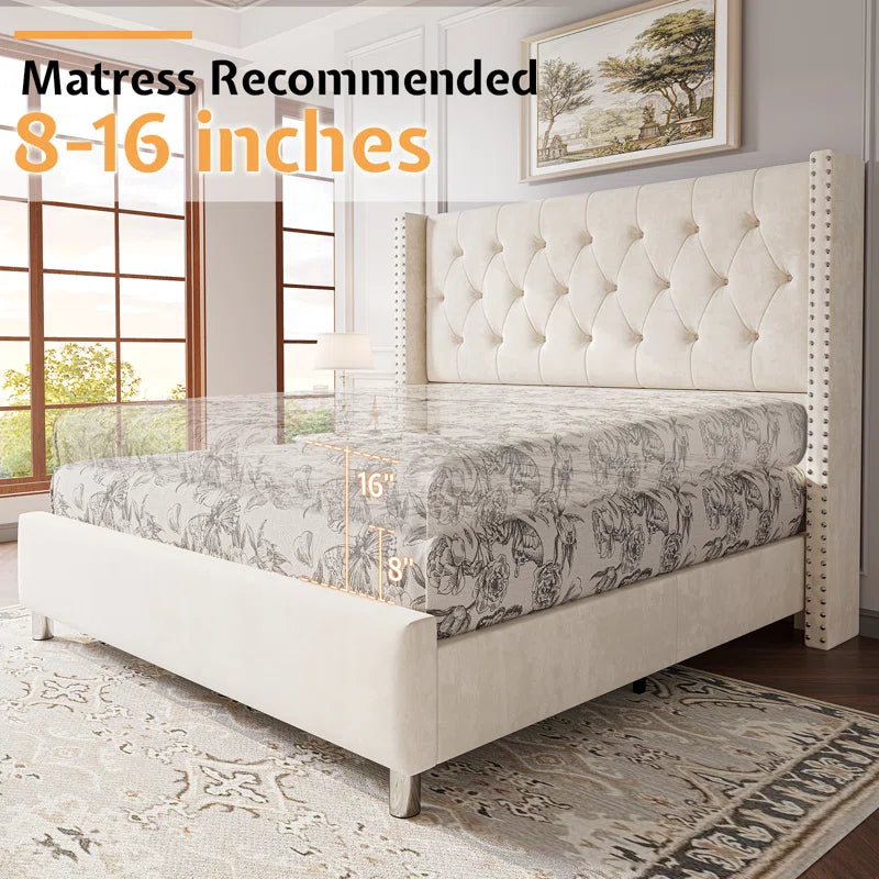 Occoquan Upholstered Wingback Bed with Tufted Linen and Adjustable Headboard OUCH CART