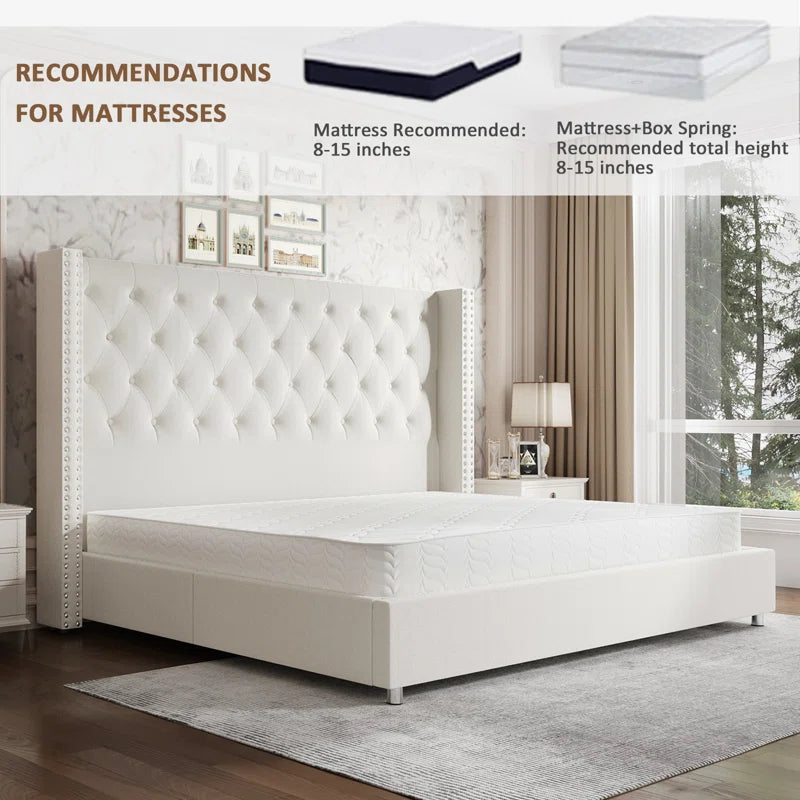 Occoquan Upholstered Wingback Bed with Tufted Linen and Adjustable Headboard OUCH CART