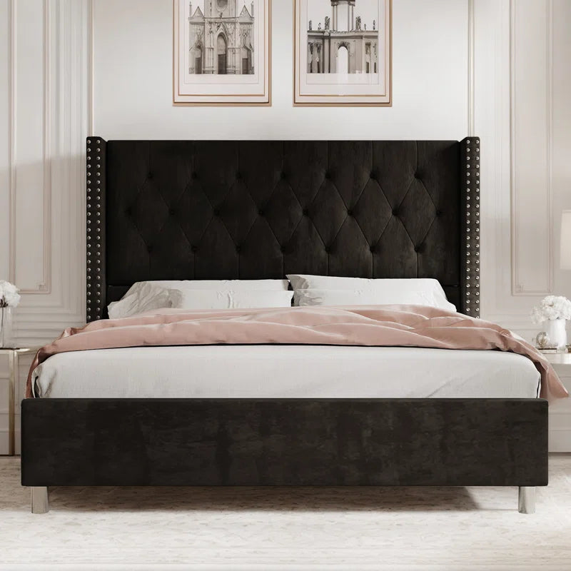 Occoquan Upholstered Wingback Bed with Tufted Linen and Adjustable Headboard OUCH CART