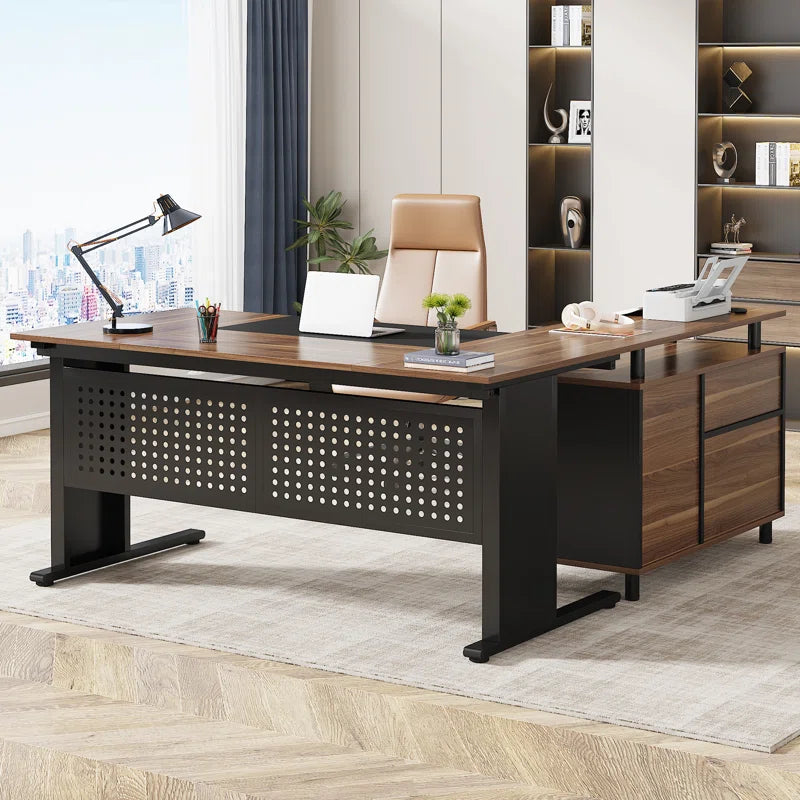 63'' W Executive Desk with File Cabinet for Home Office