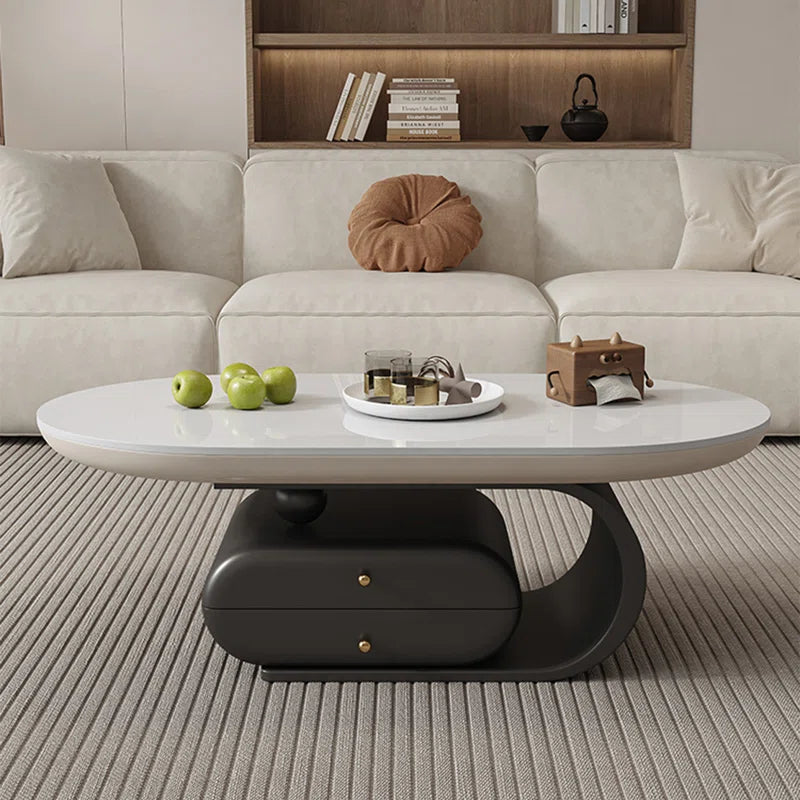 Rock Plate Coffee Table with Double Drawers – Modern Durable Center Table with Iron Base & Rounded Edges OUCH CART