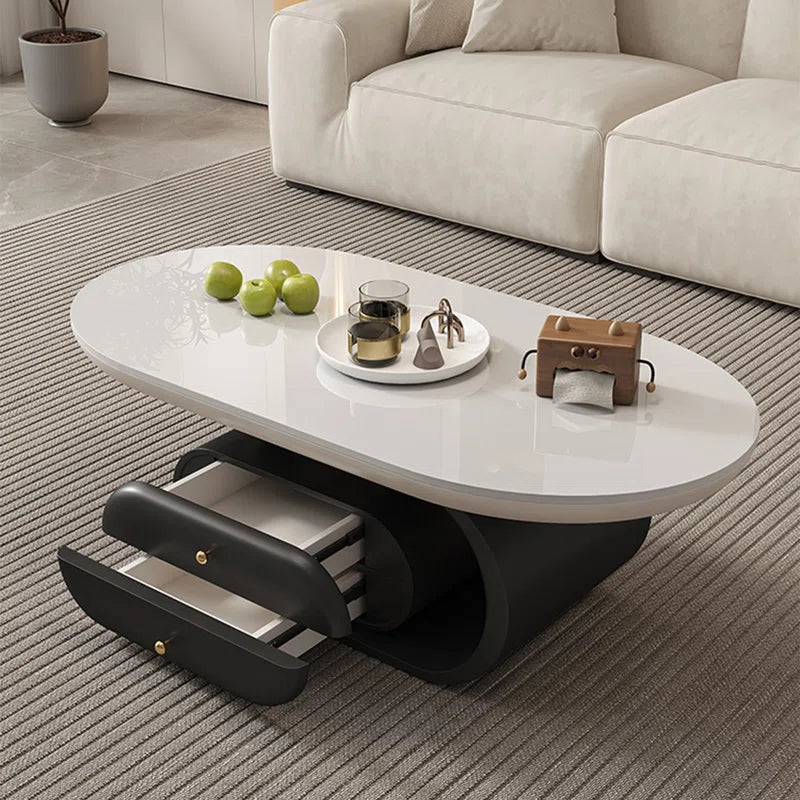 Rock Plate Coffee Table with Double Drawers – Modern Durable Center Table with Iron Base & Rounded Edges OUCH CART