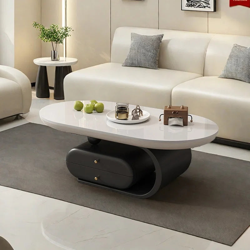 Rock Plate Coffee Table with Double Drawers – Modern Durable Center Table with Iron Base & Rounded Edges OUCH CART