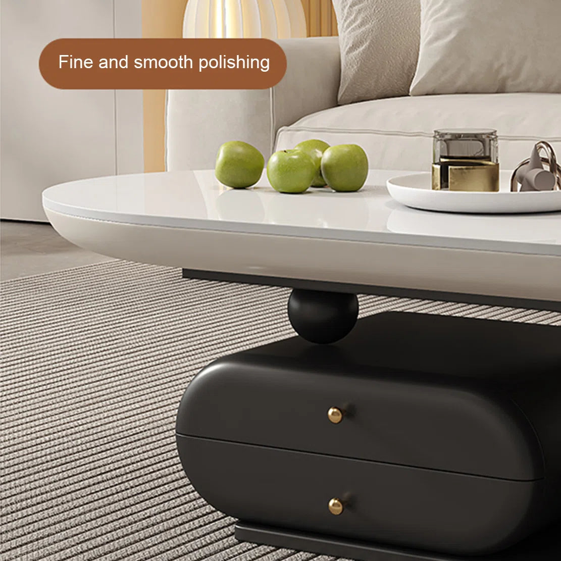 Rock Plate Coffee Table with Double Drawers – Modern Durable Center Table with Iron Base & Rounded Edges OUCH CART