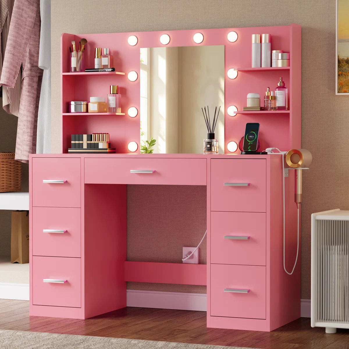 Ragin Vanity Desk with 3-Mode LED Mirror Lights and Built-In USB Charging Station-OUCH CART | dressing table