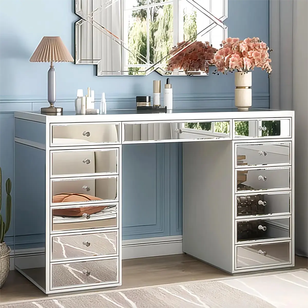 Patternson 13-Drawer Mirrored Vanity Desk โ Stylish Makeup Table