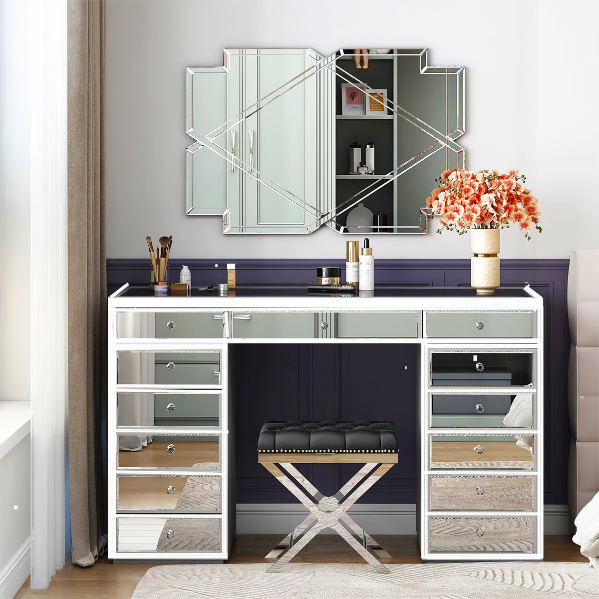 Patternson 13-Drawer Mirrored Vanity Desk – Stylish Makeup Table