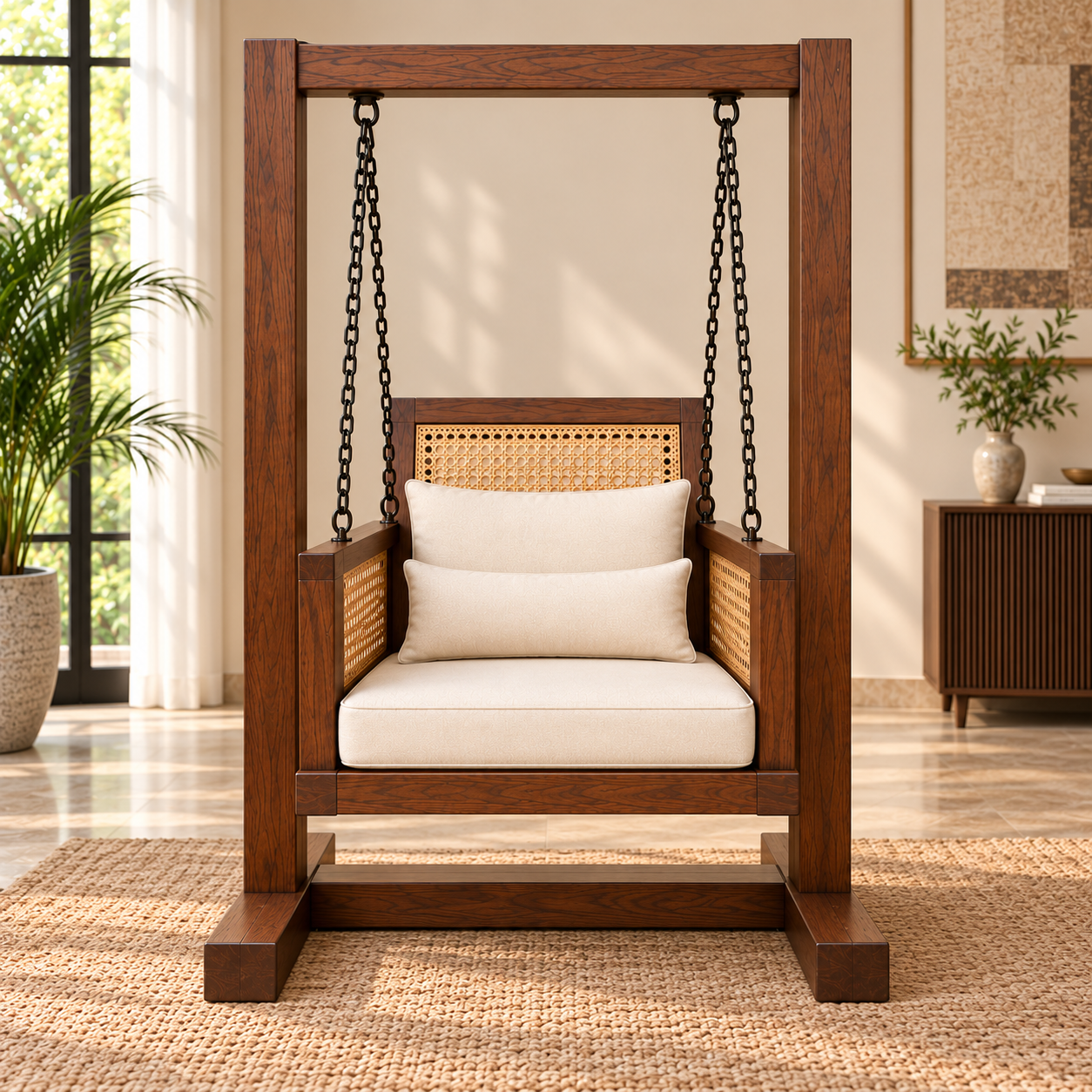 Premium Solid Wood Swing Chair with Cane Back & Cream Cushions