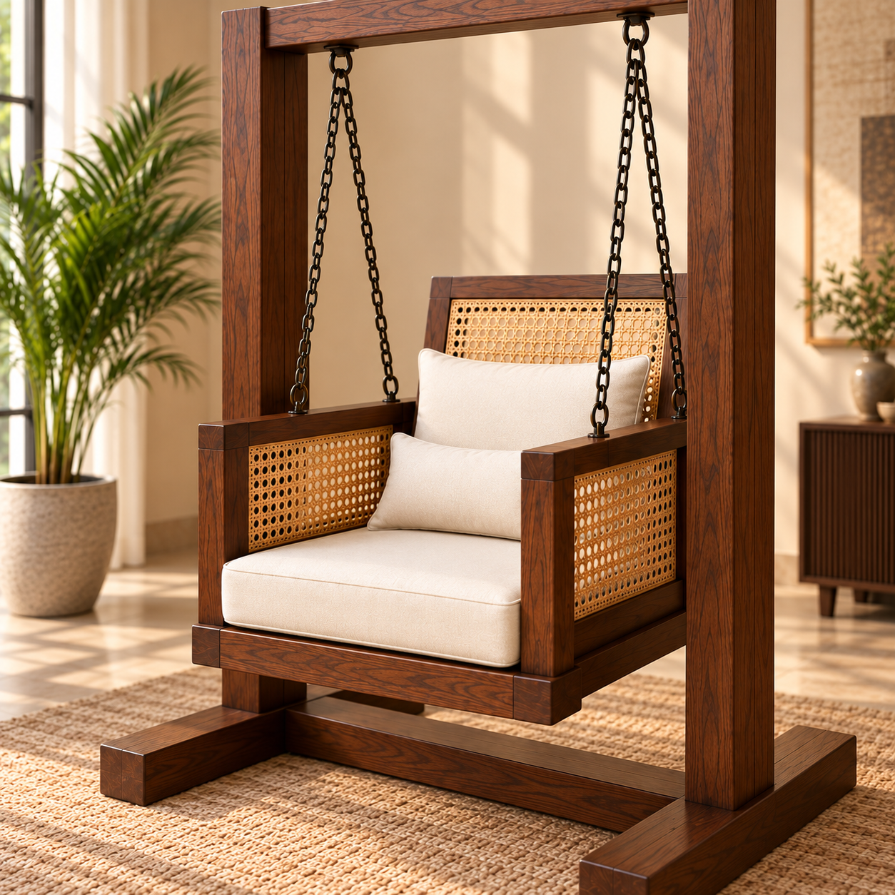 Premium Solid Wood Swing Chair with Cane Back & Cream Cushions