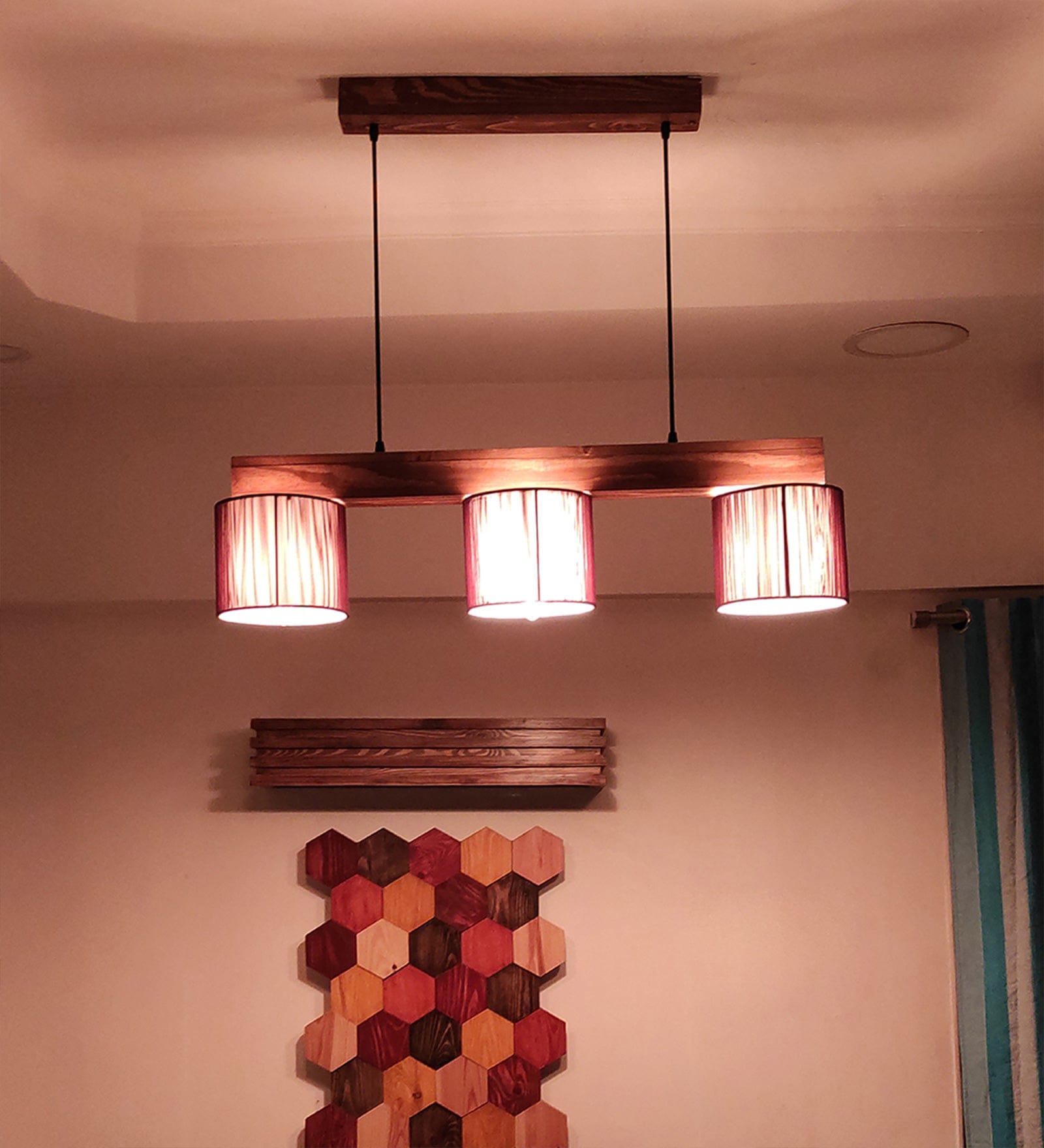 Tiga Brown Wooden Series Hanging Lamp with Brown Fabric Lampshades (BULB NOT INCLUDED)