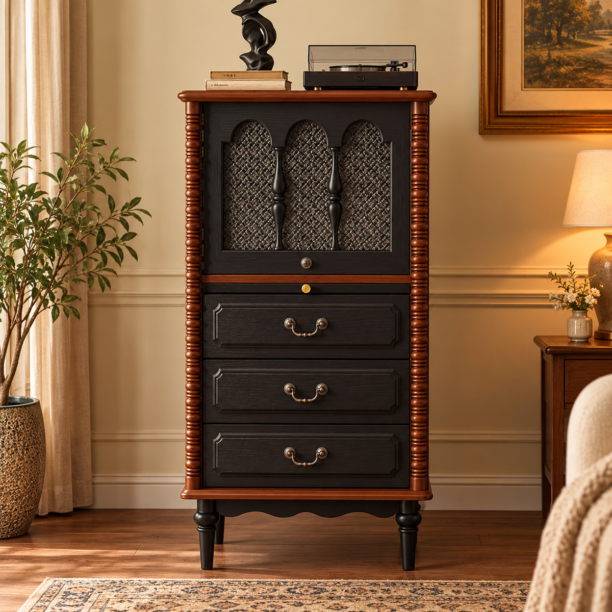 Vintage Walnut Wooden Record Cabinet with 3 Drawers & Woven-Style Door | Retro Storage Furniture