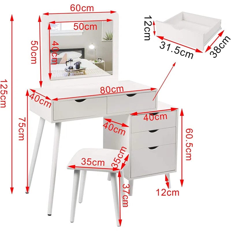 Makeup Vanity Desk with Mirror and, Dimmable Vanity Table for Girls Bedroom, Modern Makeup Vanity with 5 Drawers, White Vanity with Large Storage