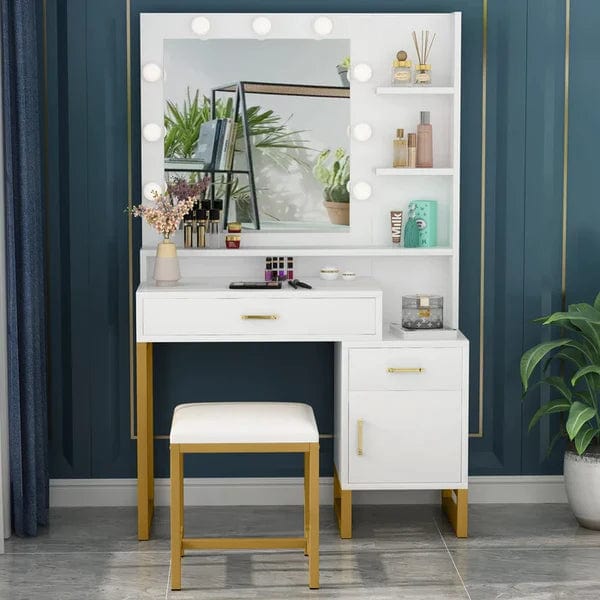 Leon dressing table design with mirror, with stool, with drawers, Makeup Vanity Desk with Light Mirror, Makeup Table with Stool and 3 Drawers, White