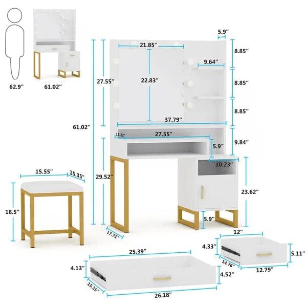 Leon dressing table design with mirror, with stool, with drawers, Makeup Vanity Desk with Light Mirror, Makeup Table with Stool and 3 Drawers, White - Ouch Cart