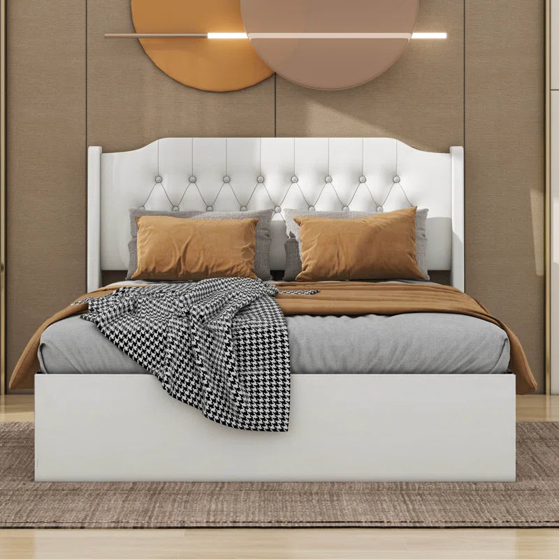 Queen Size Tufted Upholstered Bed Frame With Crystal Button Accents, Wingback Headboard