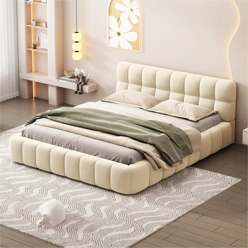 Queen Size Upholstered Platform Bed With Thick Fabric, Grounded Bed With Solid Frame