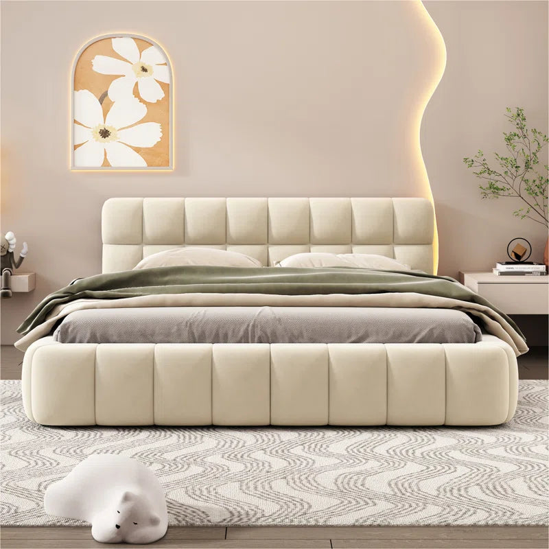 Queen Size Upholstered Platform Bed With Thick Fabric, Grounded Bed With Solid Frame
