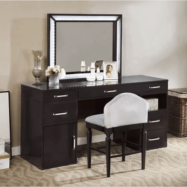 Aidan Vanity dressing table design with mirror with stool, Vanity Desk Set with Mirror and Lights, Dressing Table with 7 Drawers & Stool, Lighting Modes Adjustable Brightness, Suitable for Bedroom/Bathroom - Ouch Cart
