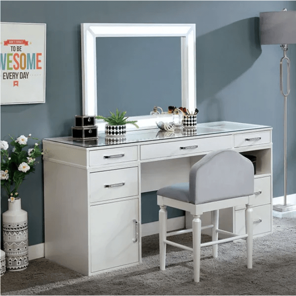 Aidan Vanity dressing table design with mirror with stool, Vanity Desk Set with Mirror and Lights, Dressing Table with 7 Drawers & Stool, Lighting Modes Adjustable Brightness, Suitable for Bedroom/Bathroom