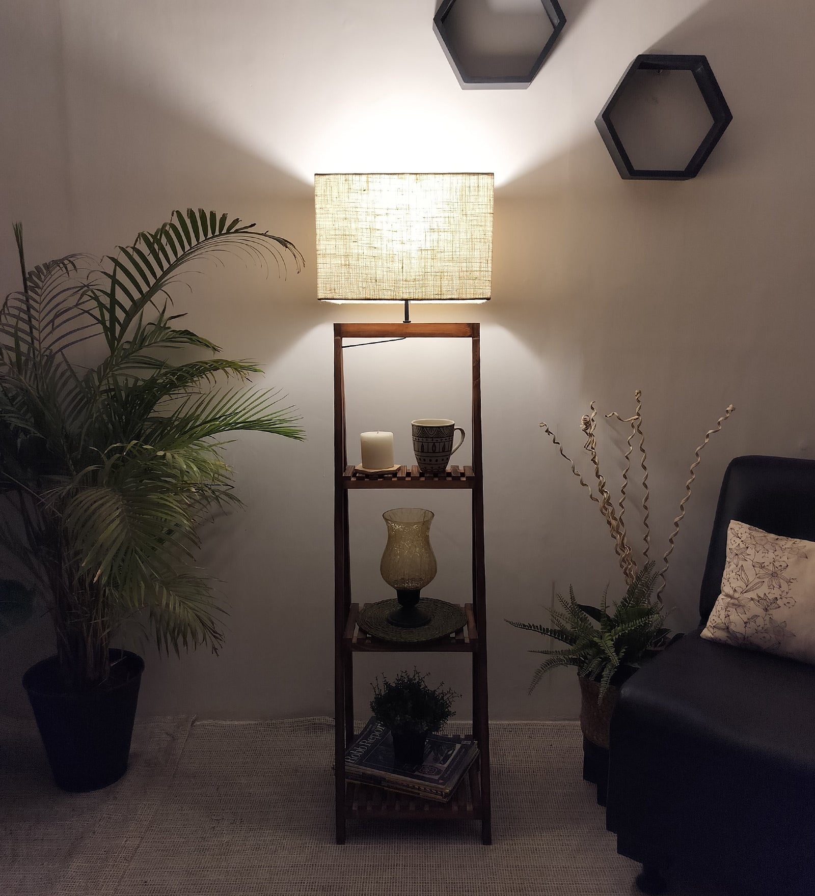 Raphael Wooden Floor Lamp with Brown Base and Jute Fabric Lampshade (BULB NOT INCLUDED)