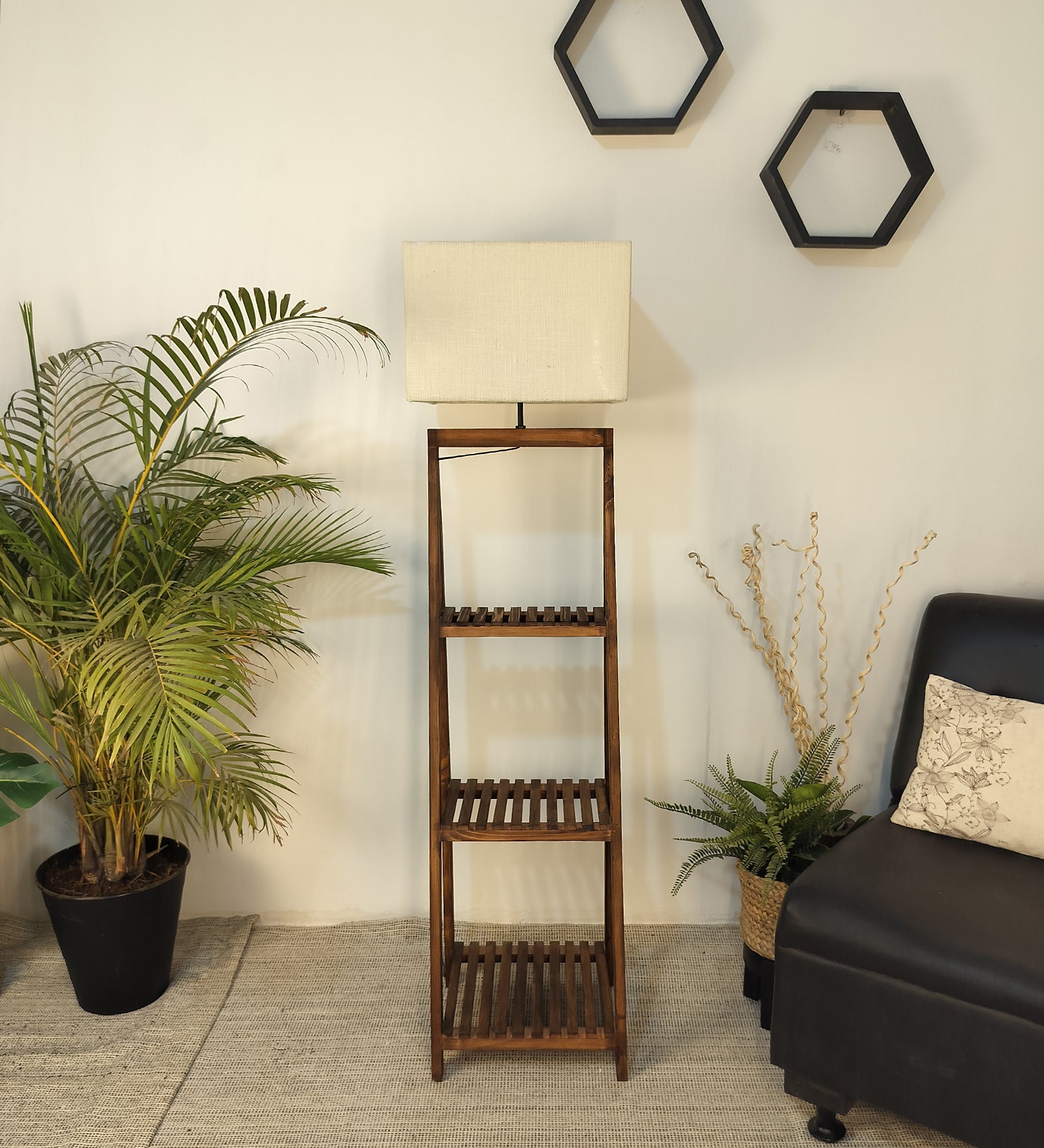 Raphael Wooden Floor Lamp with Brown Base and Jute Fabric Lampshade (BULB NOT INCLUDED)