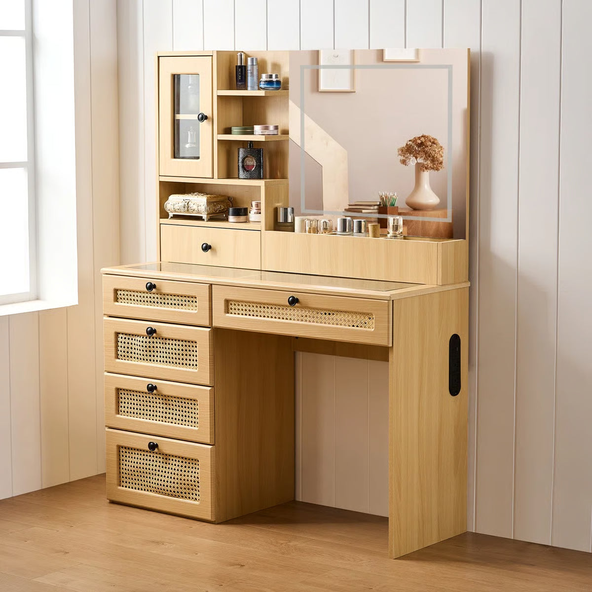 Wooden Rattan Makeup Vanity – LED Mirror with 3 Light Modes, 6 Drawers & Charging Port -OUCH CART|Dressing table