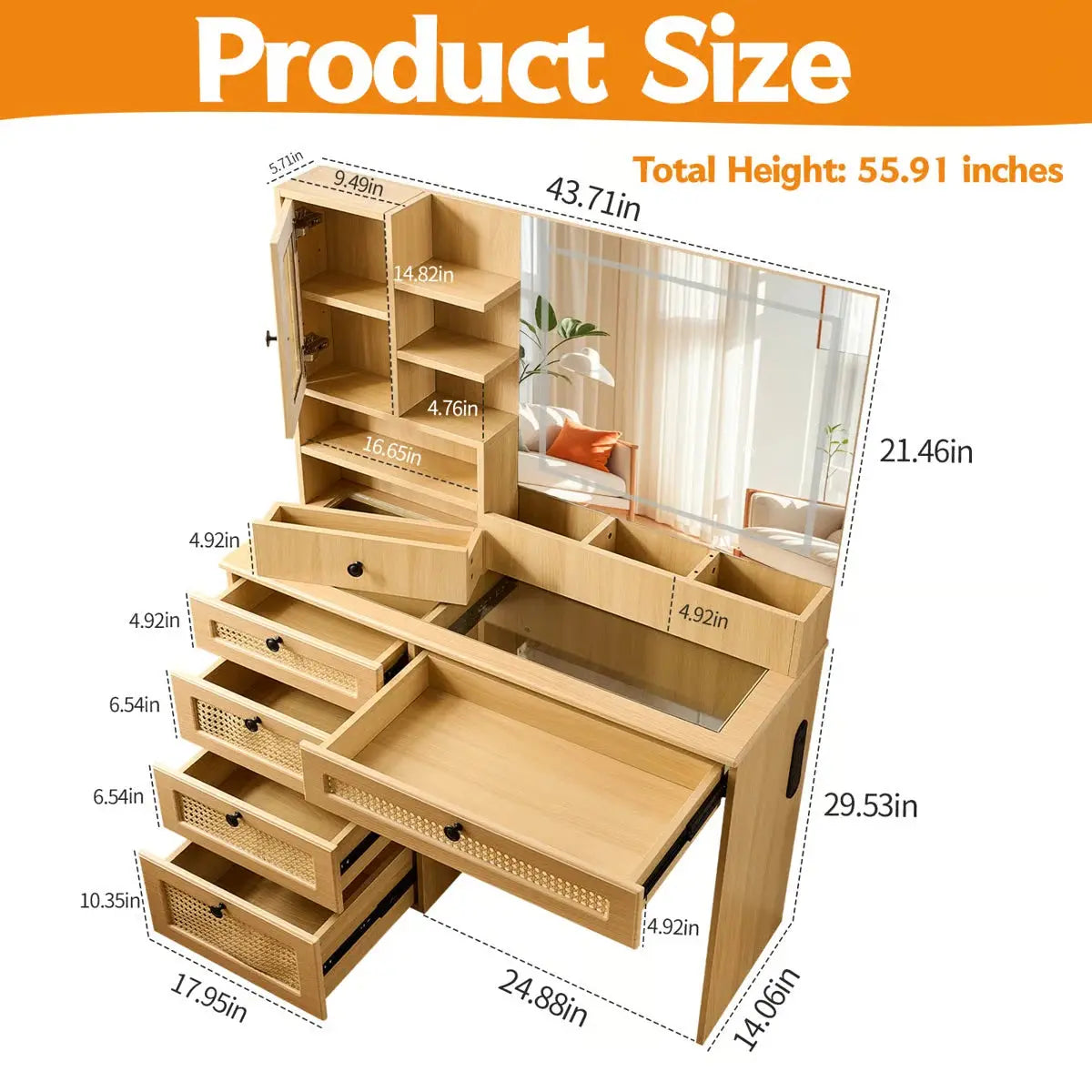 Wooden Rattan Makeup Vanity, 6 Drawers & Charging Port