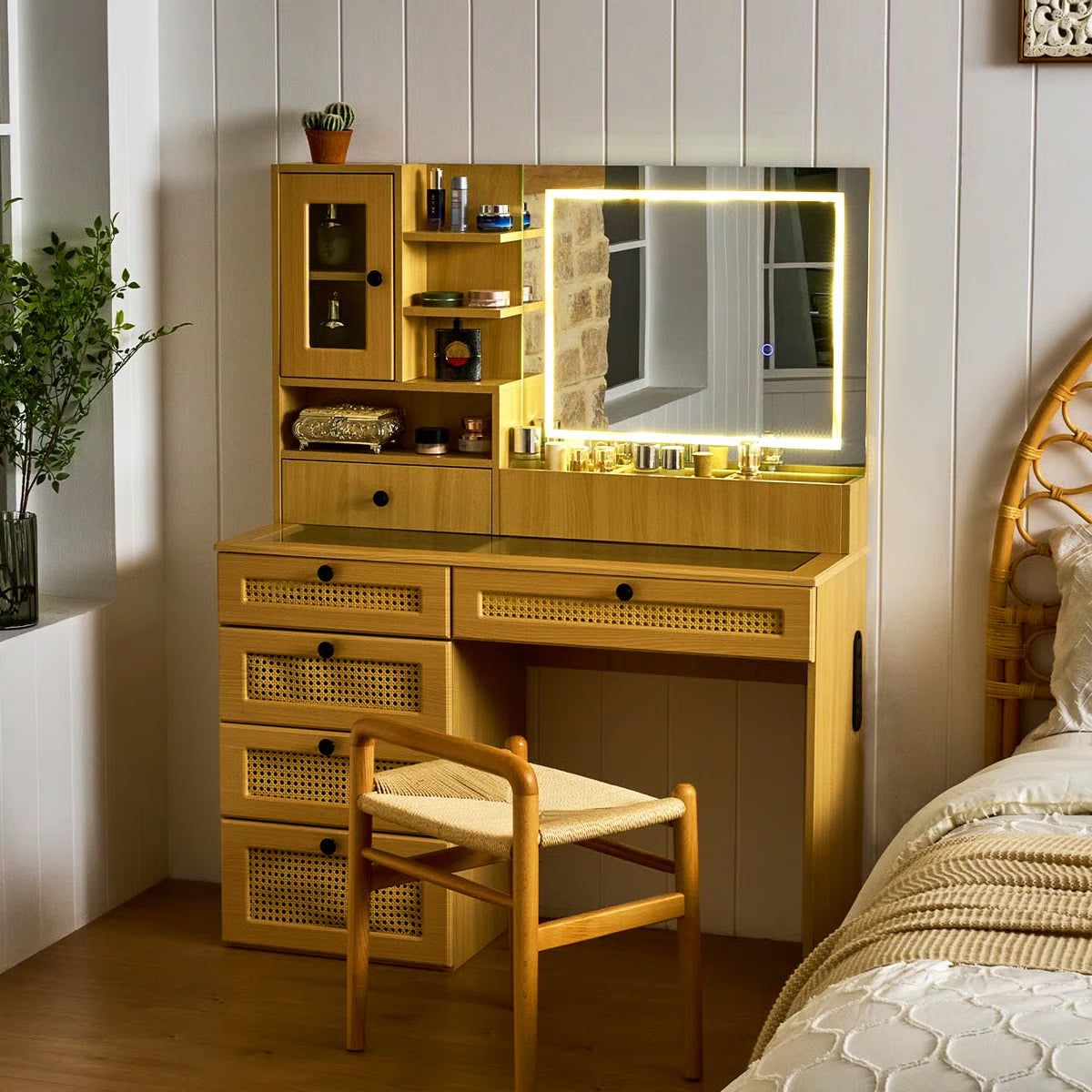 Wooden Rattan Makeup Vanity – LED Mirror with 3 Light Modes, 6 Drawers & Charging Port
