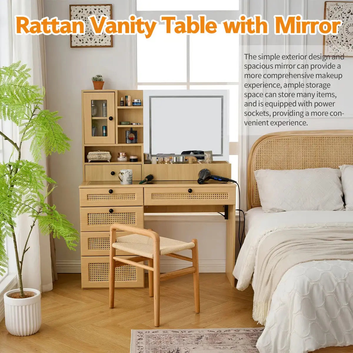 Wooden Rattan Makeup Vanity, 6 Drawers & Charging Port