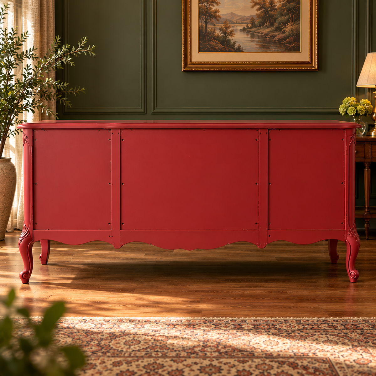 Red Vintage Wooden Sideboard Cabinet with 2 Doors & 3 Drawers French Provincial Antique-Style Furniture