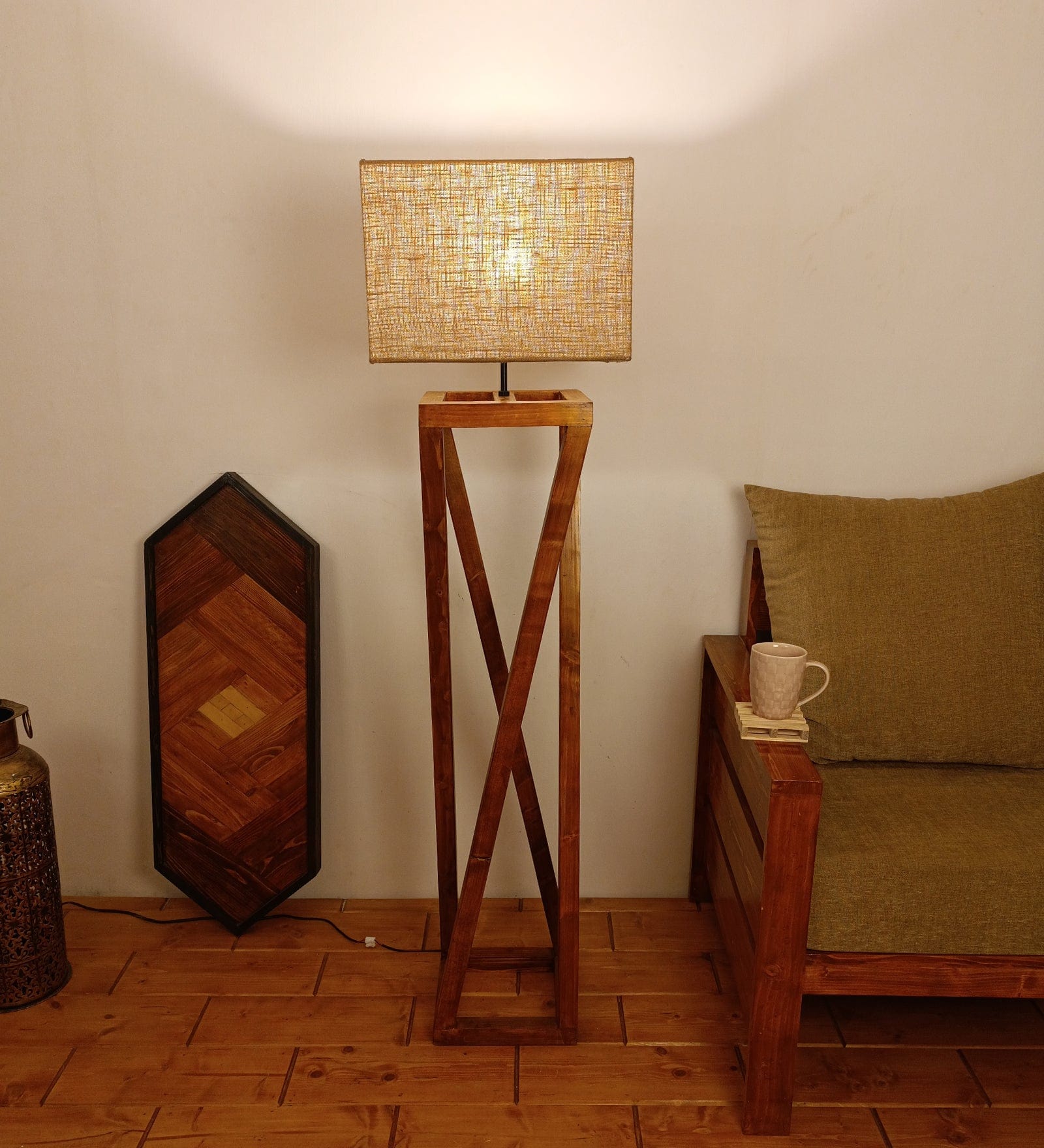 Remy Wooden Floor Lamp with Brown Base and Beige Fabric Lampshade (BULB NOT INCLUDED)