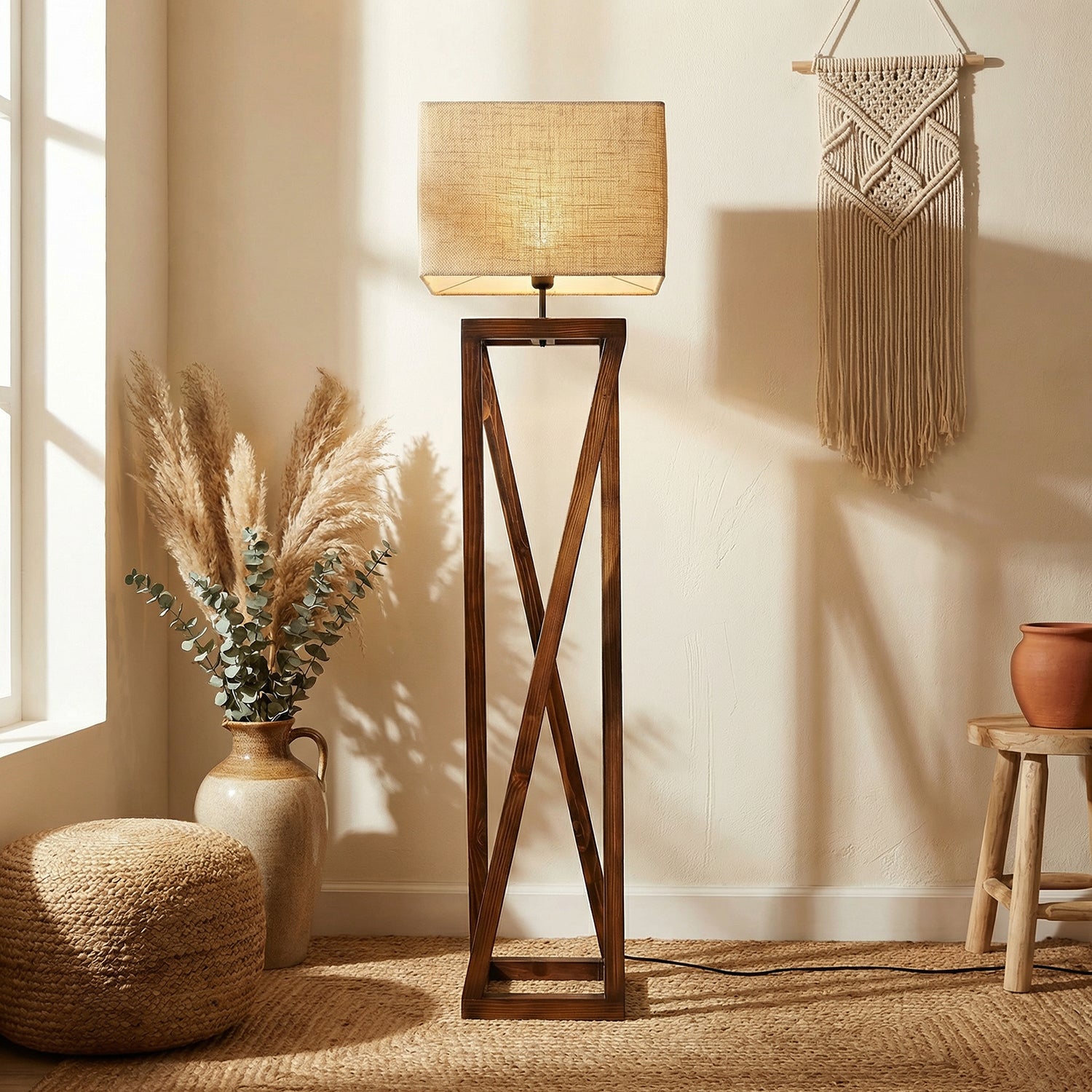 Remy Wooden Floor Lamp with Brown Base and Beige Fabric Lampshade (BULB NOT INCLUDED)