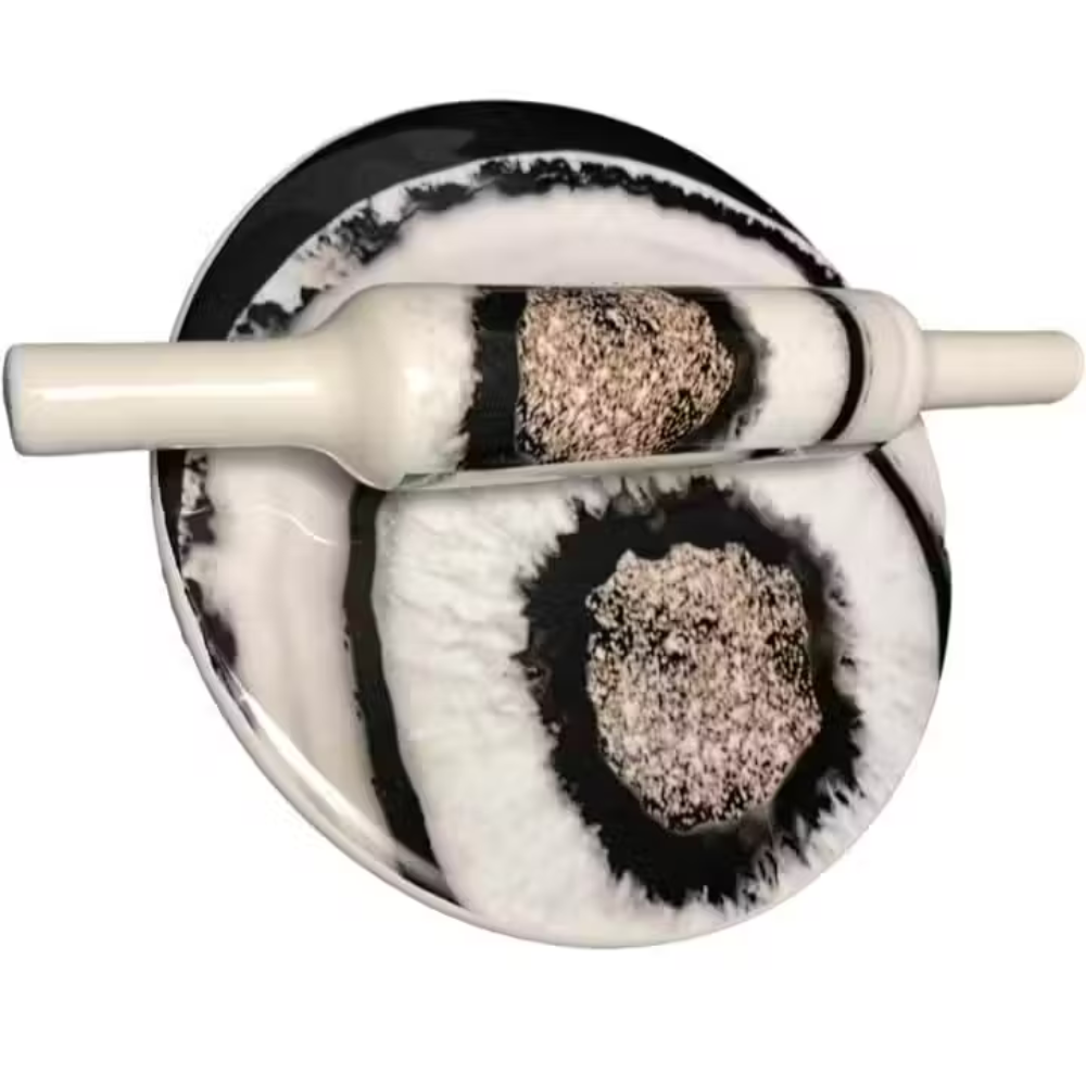 Handicrafts Premium Handcrafted Marble Chakla Belan Set Traditional Rolling Board & Pin 30 cm Diameter Pack of 1 (White and Black