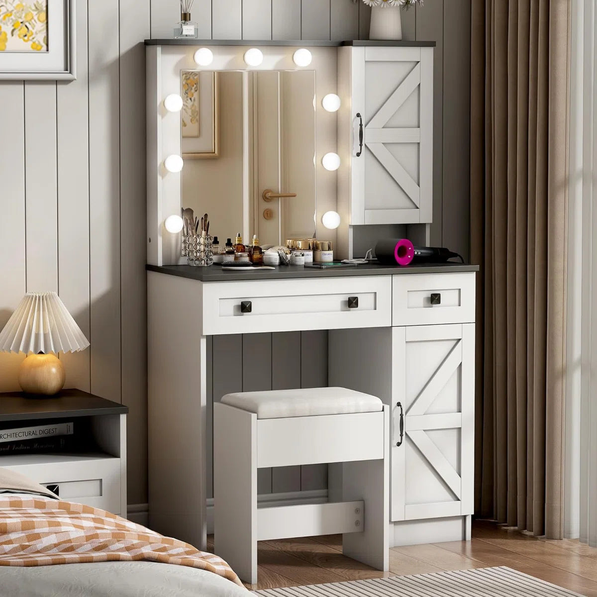Rontae 31.5" White Makeup Vanity Desk with Drawers and Built-In Power Outlet-OUCH CART |Dressing table