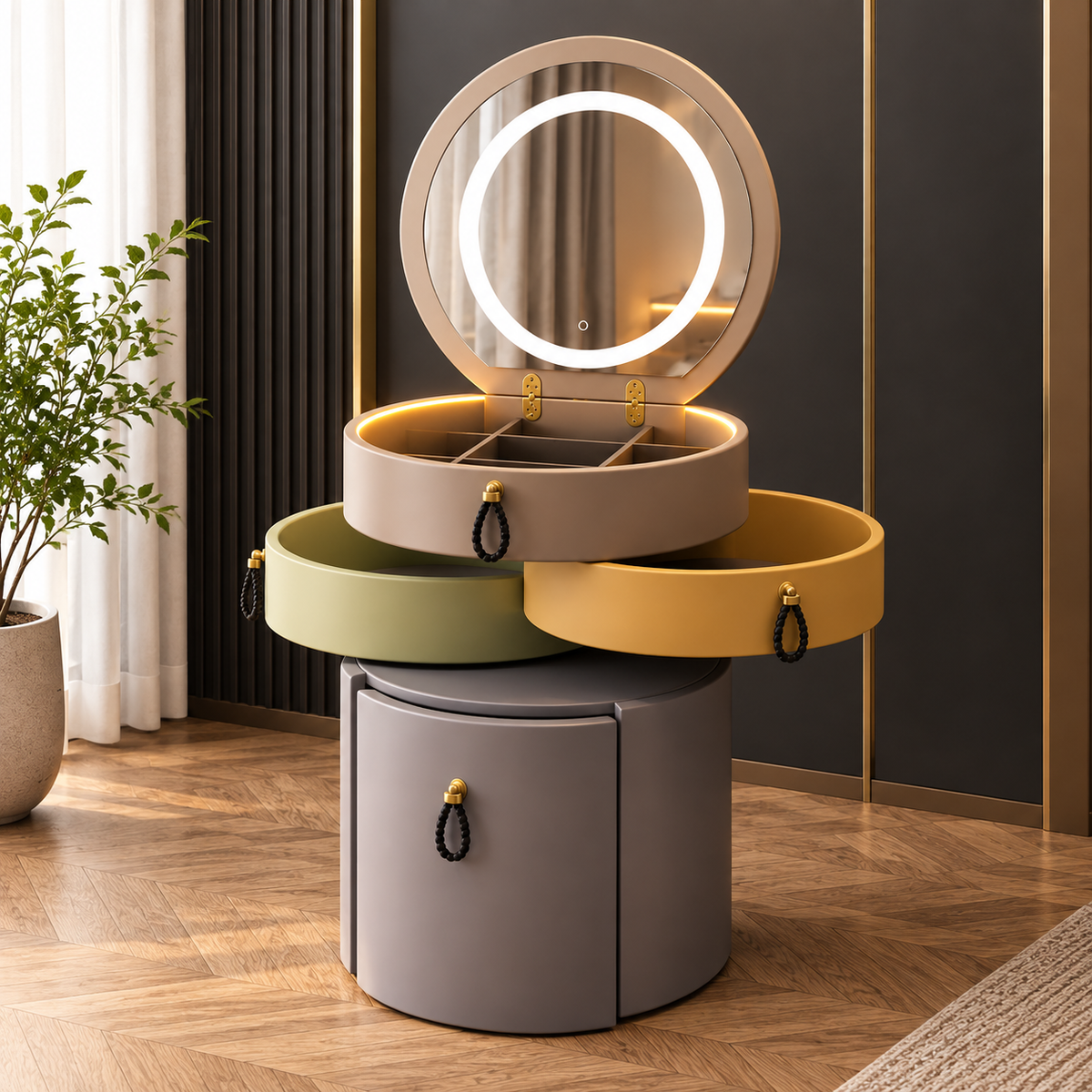Rotating Makeup Organizer with LED Mirror Multi-Tier Vanity Storage Cabinet for Makeup, Jewelry & Accessories