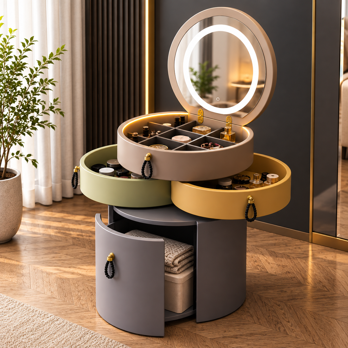 Rotating Makeup Organizer with LED Mirror Multi-Tier Vanity Storage Cabinet for Makeup, Jewelry & Accessories