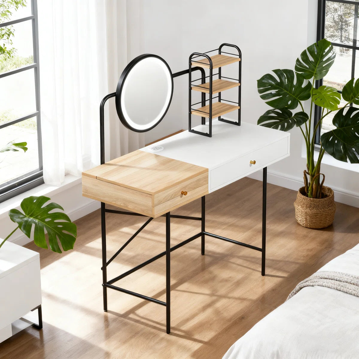 40" Vanity Table with Color-Changing LED Mirror & Wireless Charging Station – White Finish