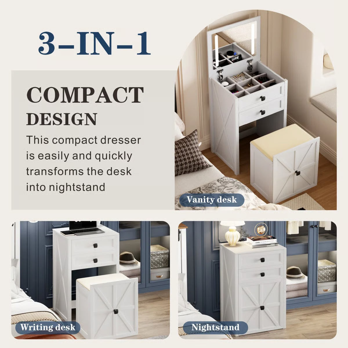 Rozelle Modern Vanity Table for Bedroom with Storage and Mirror